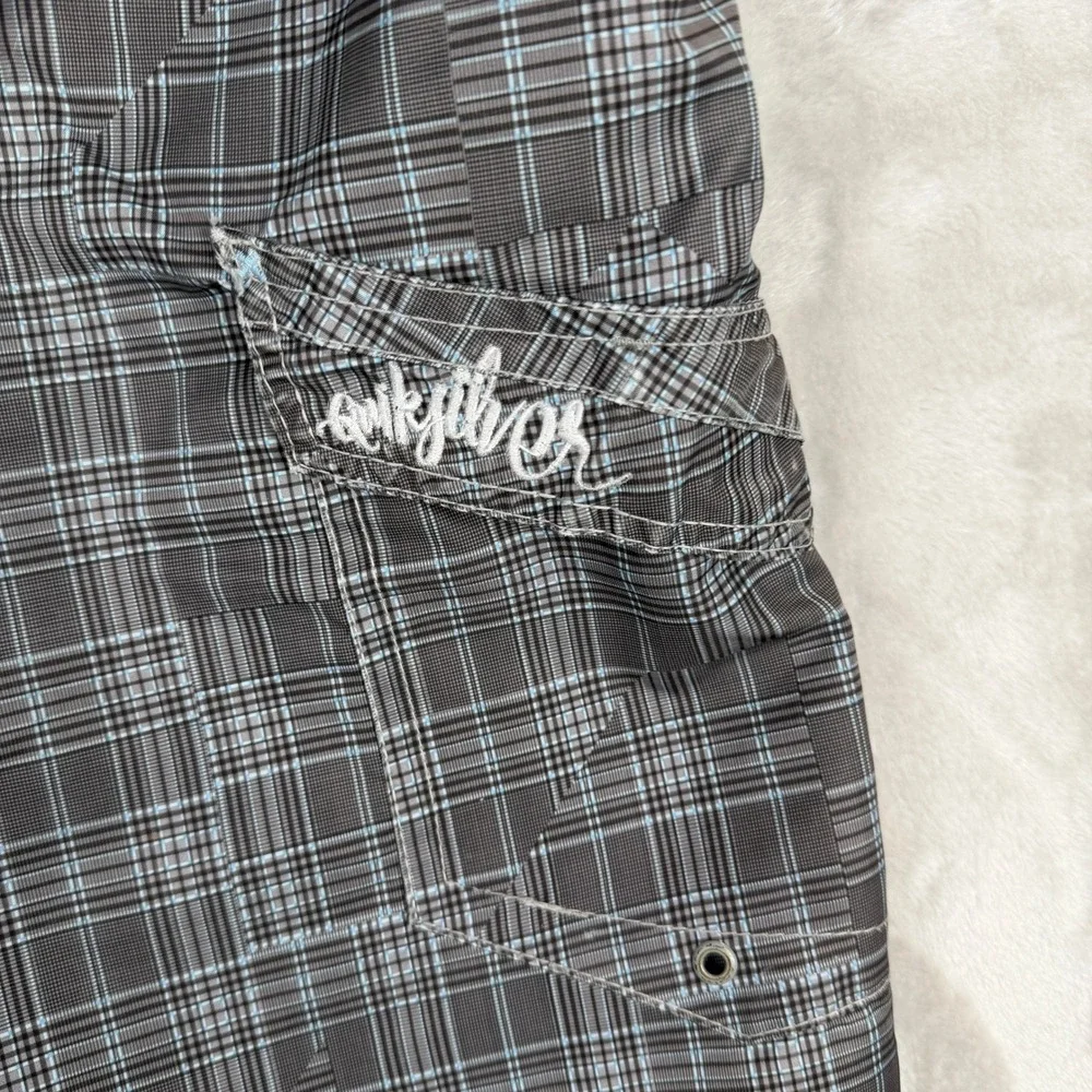 vintage y2k Quiksilver Mens Plaid Board Shorts Grey Blue Cargo‎ Pocket Size 34